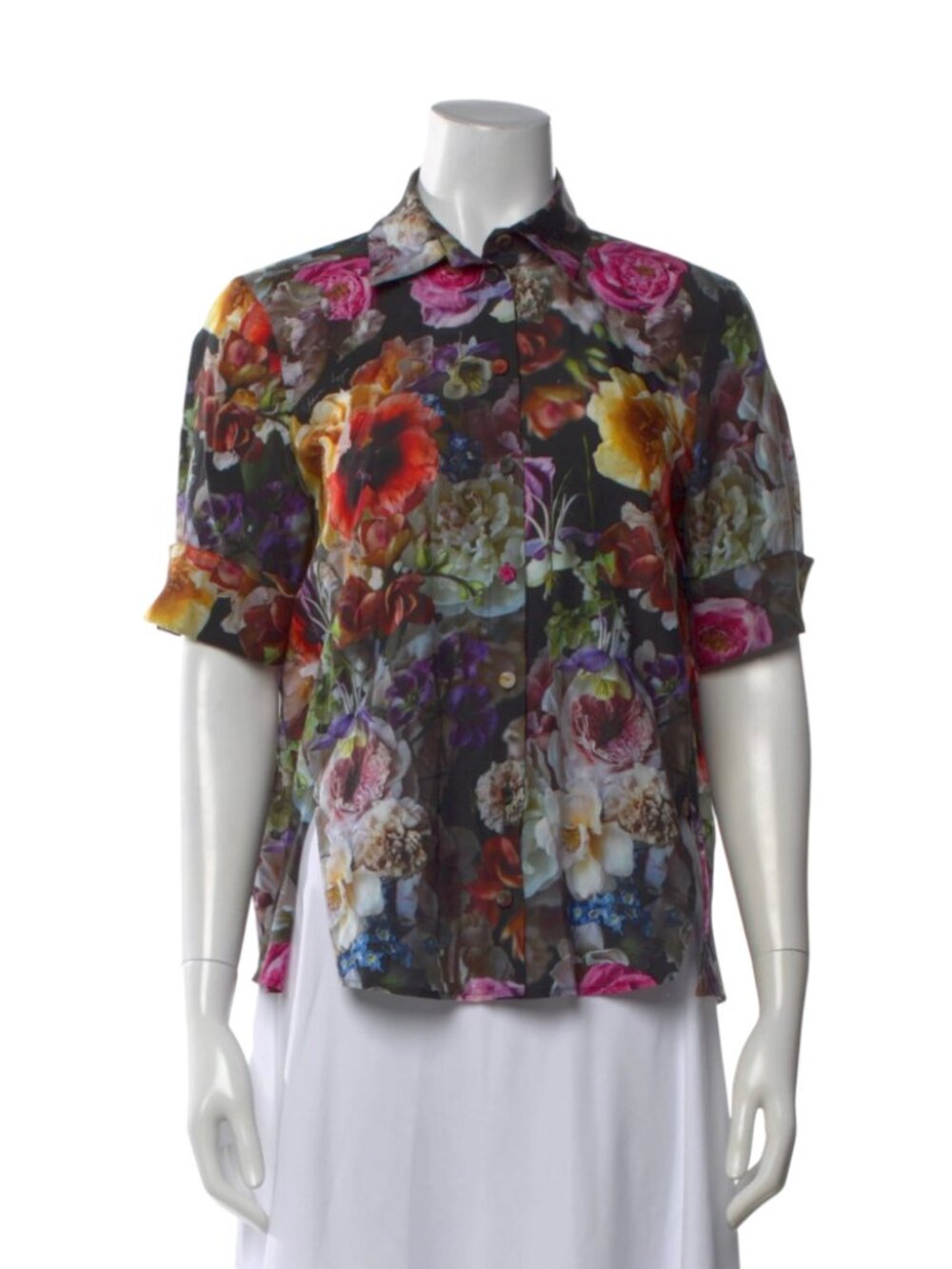Adam Lippes Floral Print Trapeze Voile Blouse Shirt Top Womens 8 Black Pink Silk